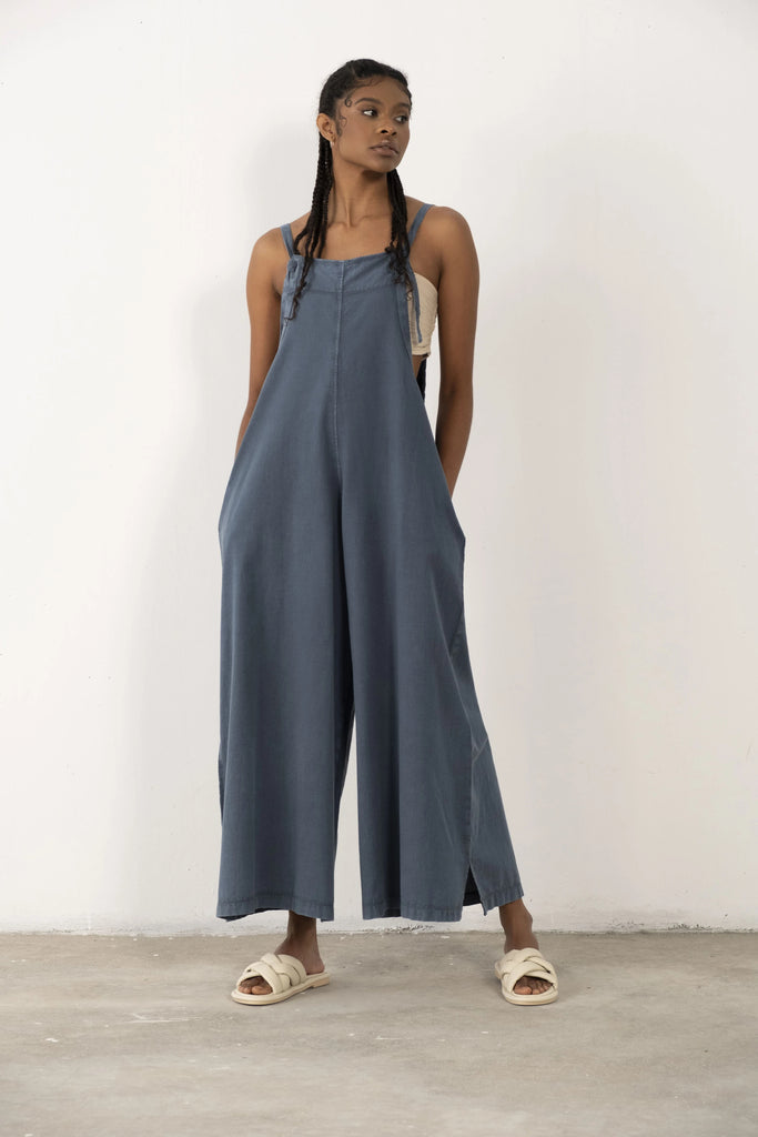 Petrol Blue Organic Cotton Wide Leg Jumpsuit - Vleyn